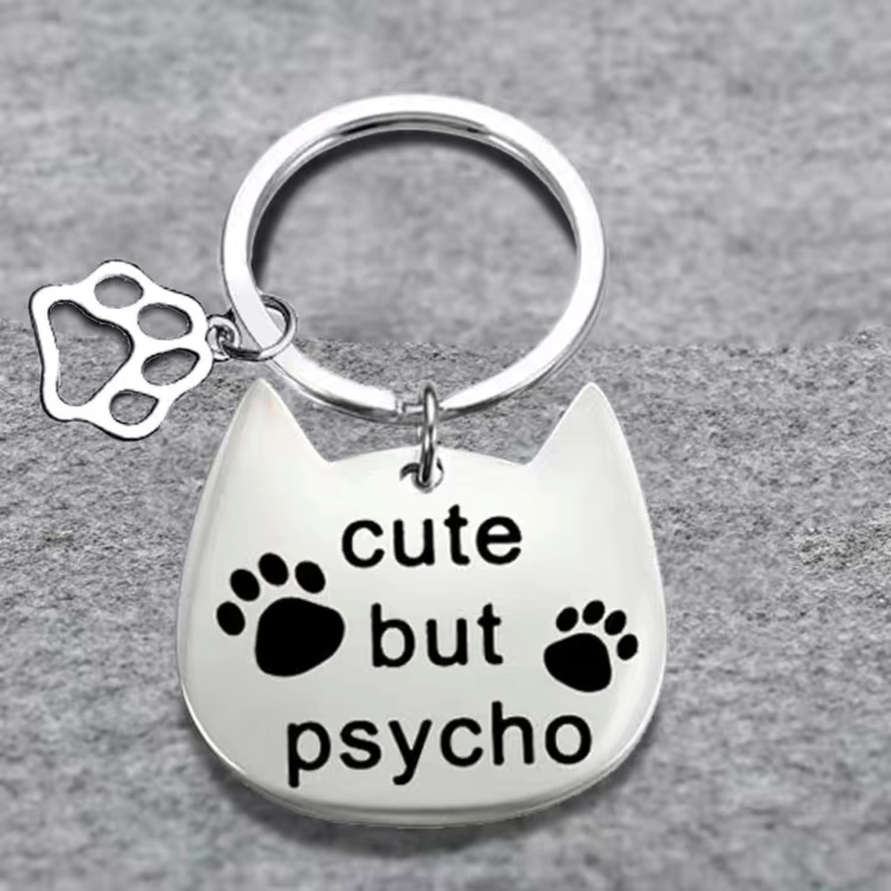 Stainless Steel Cat Head and Paw Double Keychain - Picture 2 of 4